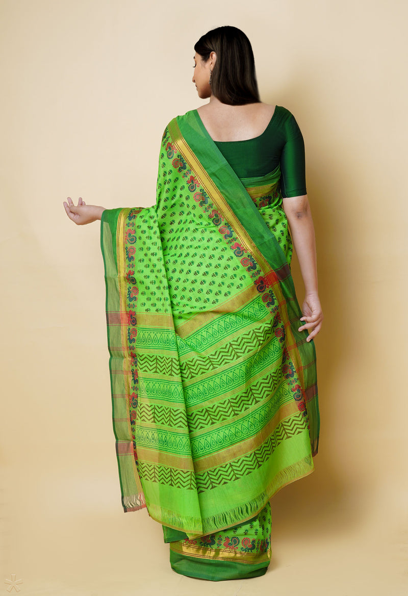 Green Pure Handloom Pavani Dyed Printed Chettinad Cotton Saree-UNM73247