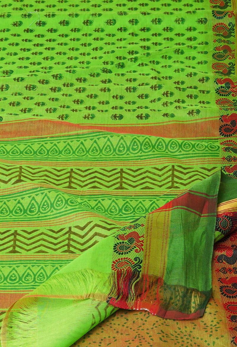 Green Pure Handloom Pavani Dyed Printed Chettinad Cotton Saree-UNM73247