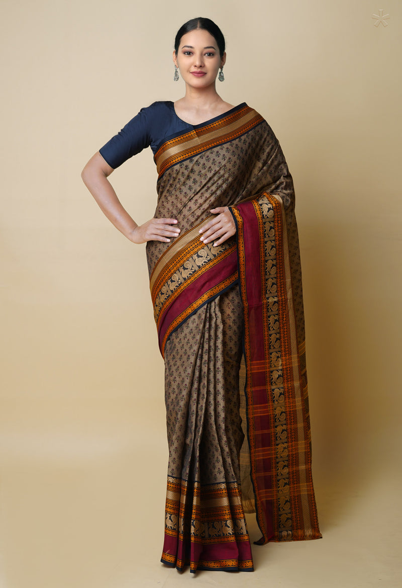 Ecru Brown Pure Handloom Pavani Dyed Printed Chettinad Cotton Saree-UNM73248