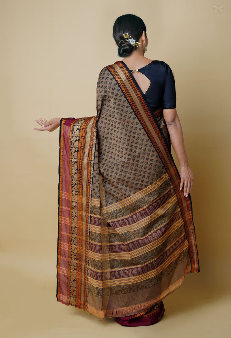Ecru Brown Pure Handloom Pavani Dyed Printed Chettinad Cotton Saree-UNM73248