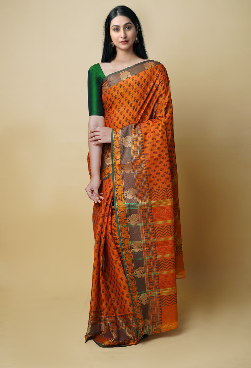 Orange Pure Handloom Pavani Dyed Printed Chettinad Cotton Saree-UNM73249