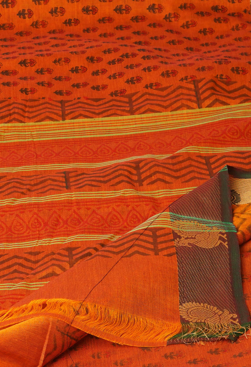 Orange Pure Handloom Pavani Dyed Printed Chettinad Cotton Saree-UNM73249