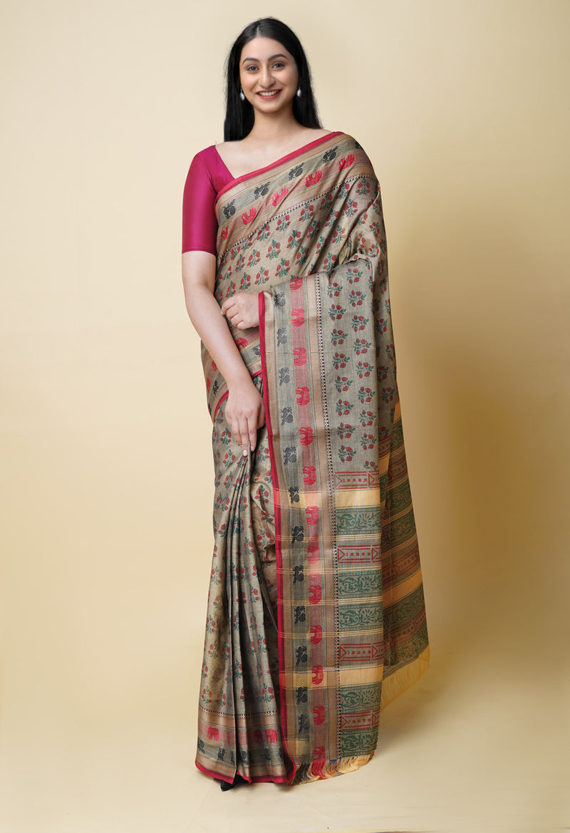 Ecru Brown Pure Handloom Pavani Dyed Printed Chettinad Cotton Saree-UNM73250
