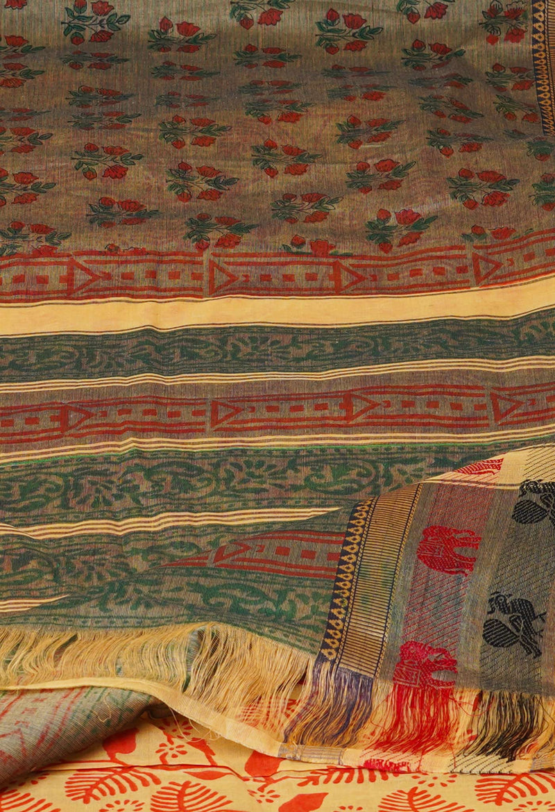 Ecru Brown Pure Handloom Pavani Dyed Printed Chettinad Cotton Saree-UNM73250