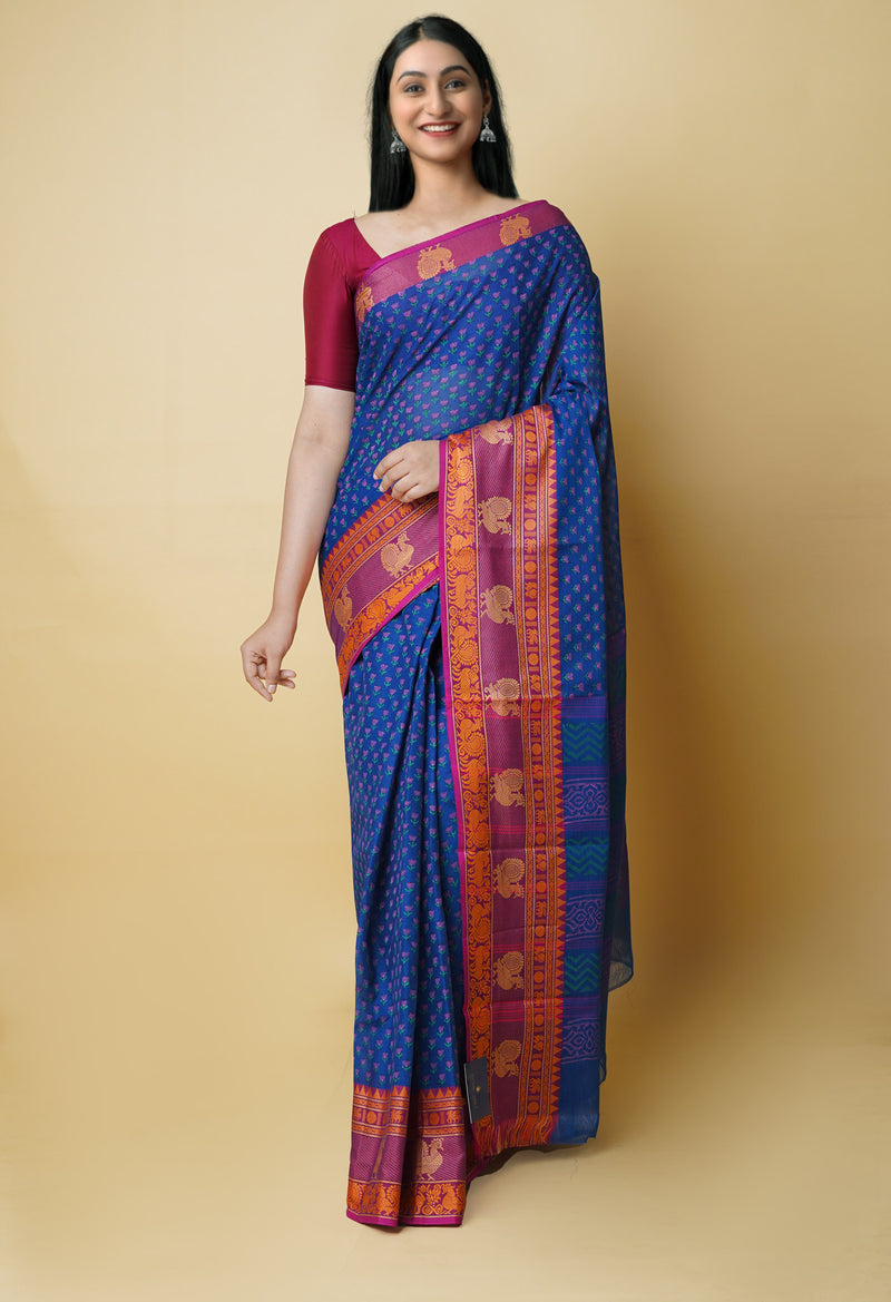 Blue Pure Handloom Pavani Dyed Printed Chettinad Cotton Saree-UNM73251