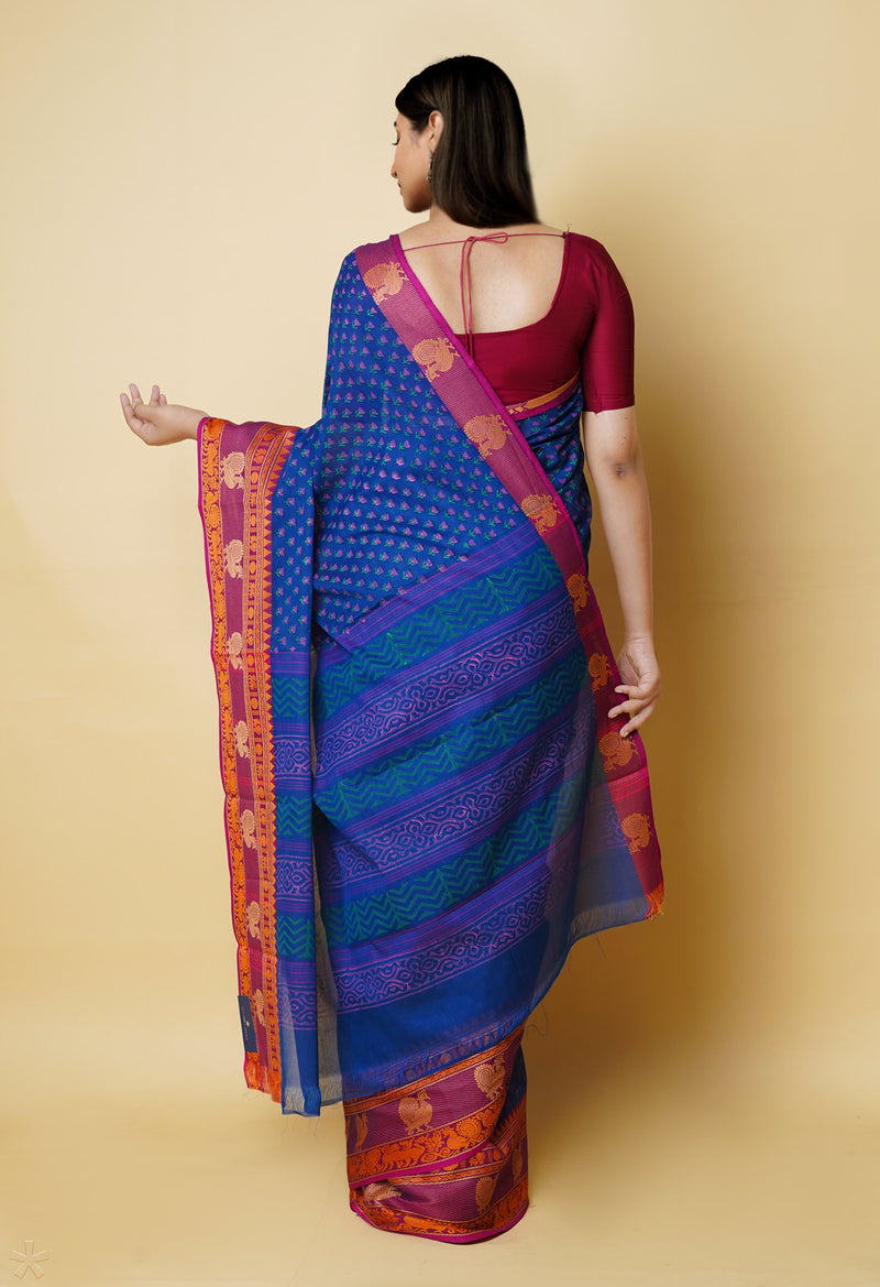 Blue Pure Handloom Pavani Dyed Printed Chettinad Cotton Saree-UNM73251