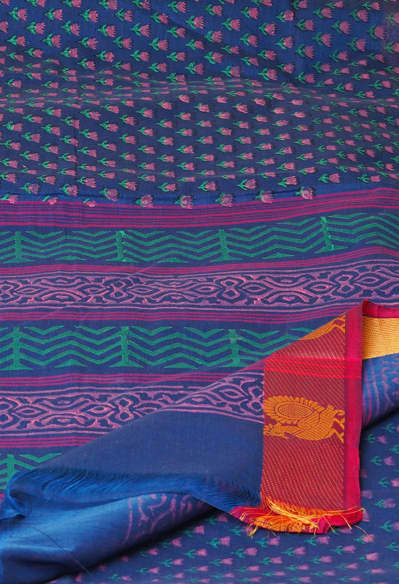 Blue Pure Handloom Pavani Dyed Printed Chettinad Cotton Saree-UNM73251