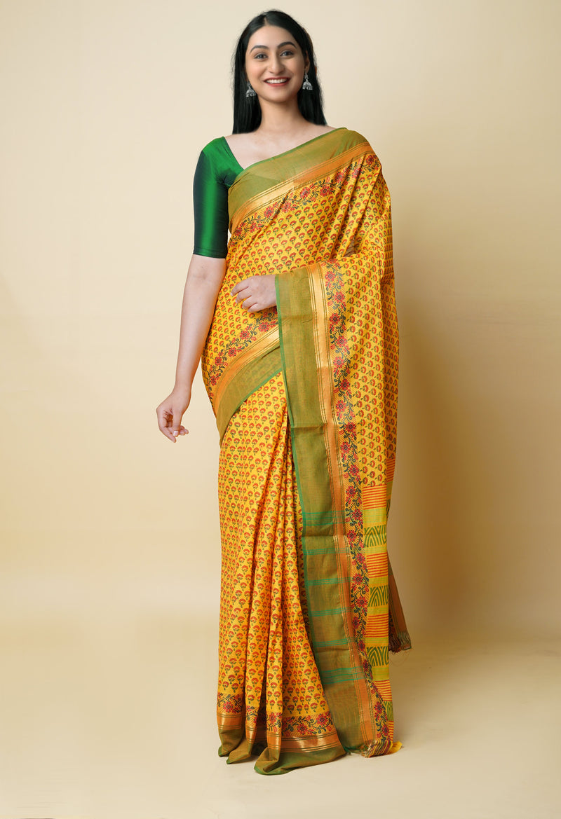 Yellow Pure Handloom Pavani Dyed Printed Chettinad Cotton Saree-UNM73252