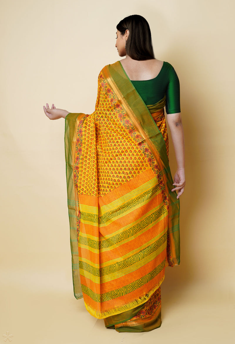 Yellow Pure Handloom Pavani Dyed Printed Chettinad Cotton Saree-UNM73252