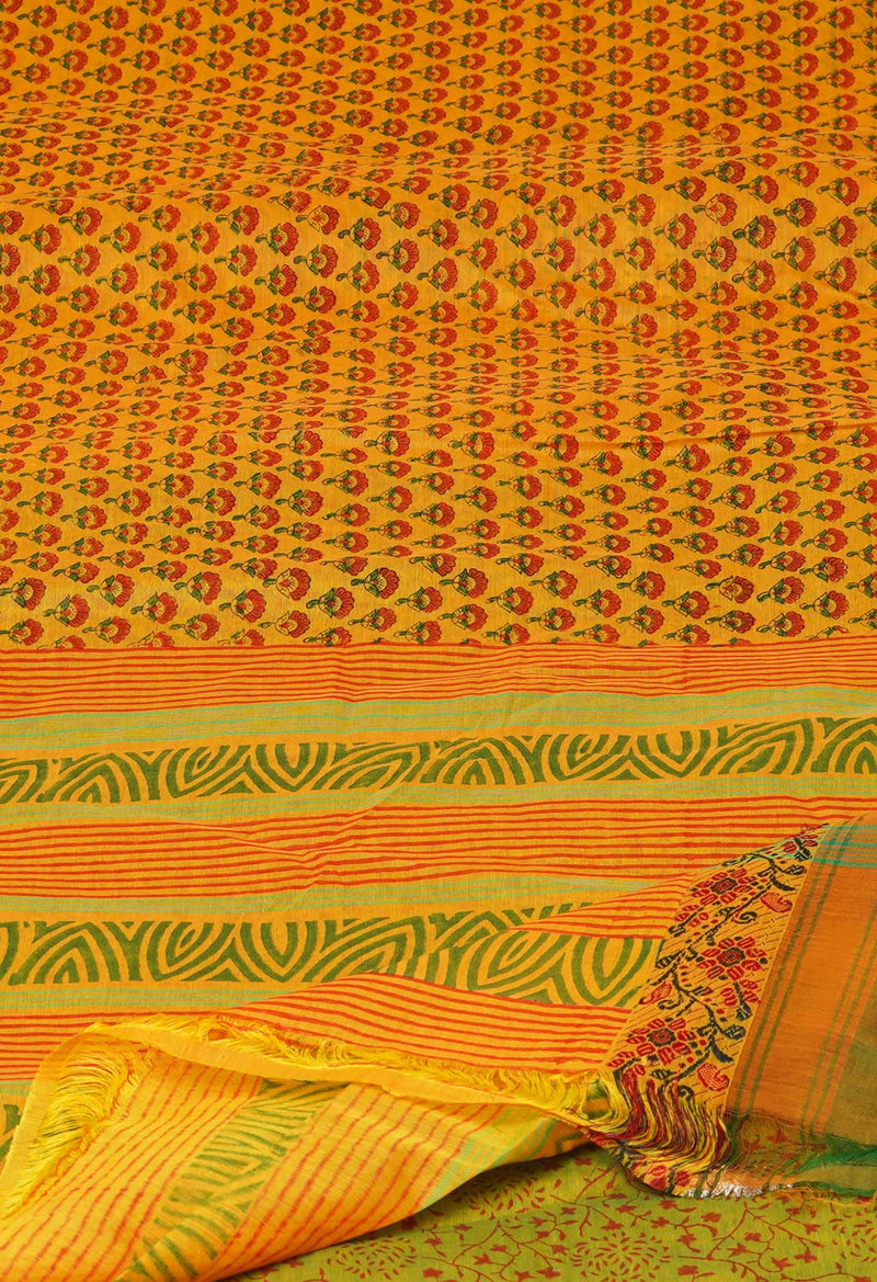 Yellow Pure Handloom Pavani Dyed Printed Chettinad Cotton Saree-UNM73252