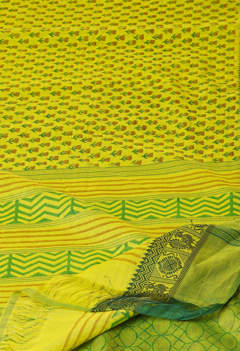 Parrot Green Pure Handloom Pavani Dyed Printed Chettinad Cotton Saree-UNM73253