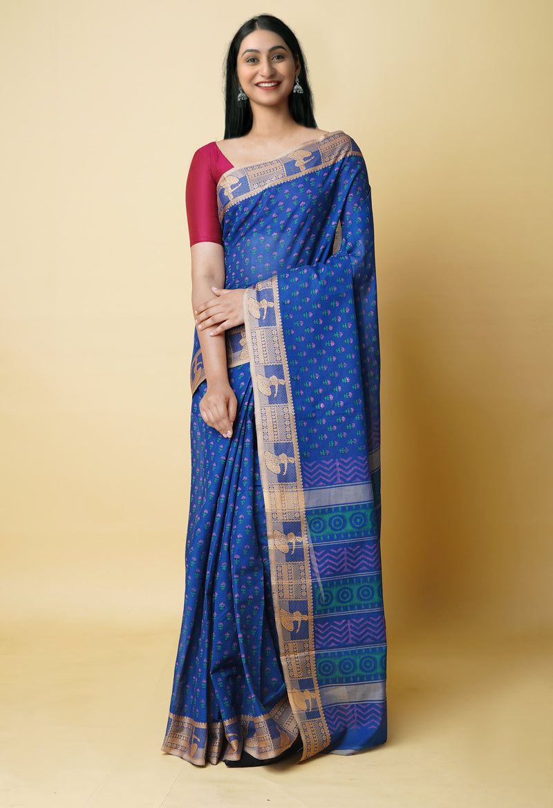 Blue Pure Handloom Pavani Dyed Printed Chettinad Cotton Saree-UNM73254