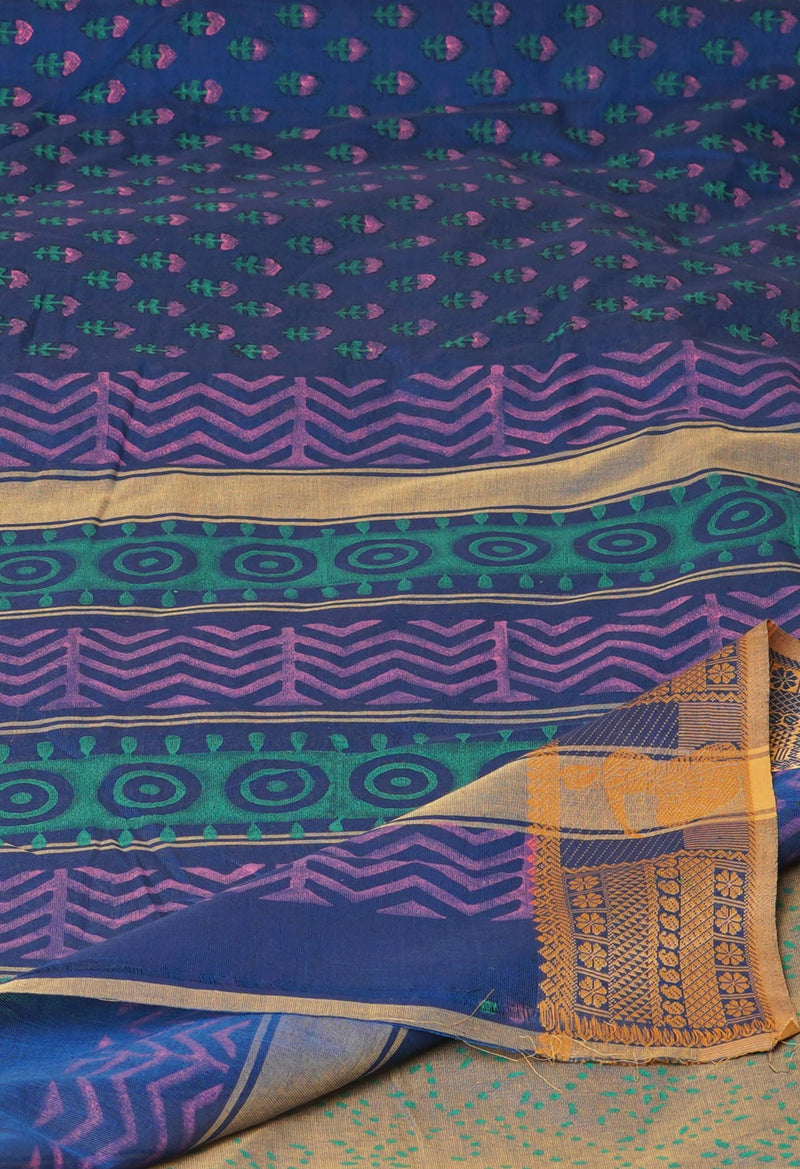 Blue Pure Handloom Pavani Dyed Printed Chettinad Cotton Saree-UNM73254