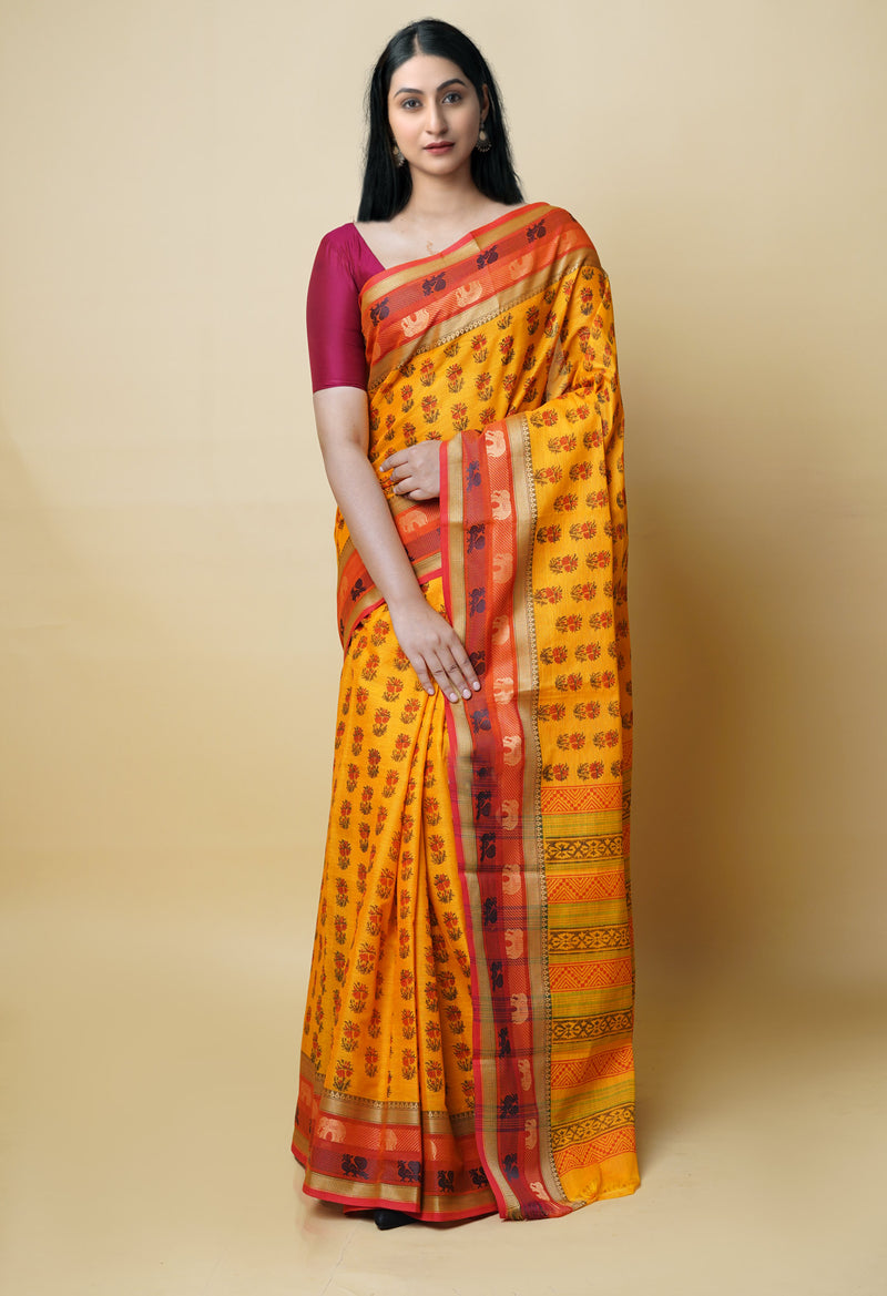 Yellow Pure Handloom Pavani Dyed Printed Chettinad Cotton Saree-UNM73255
