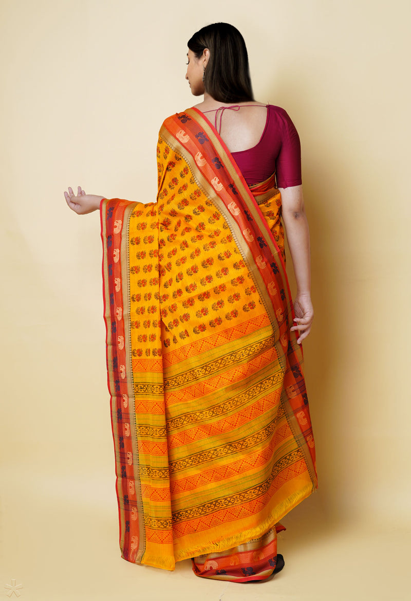 Yellow Pure Handloom Pavani Dyed Printed Chettinad Cotton Saree-UNM73255