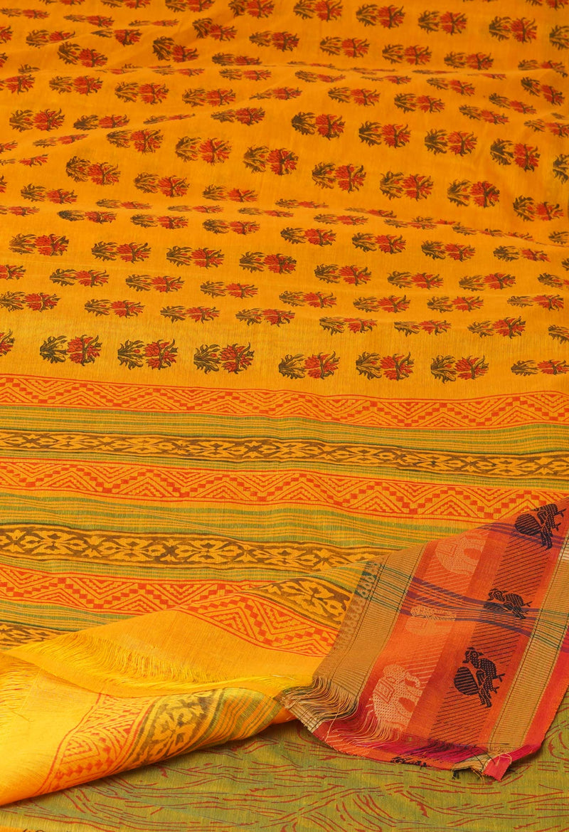 Yellow Pure Handloom Pavani Dyed Printed Chettinad Cotton Saree-UNM73255