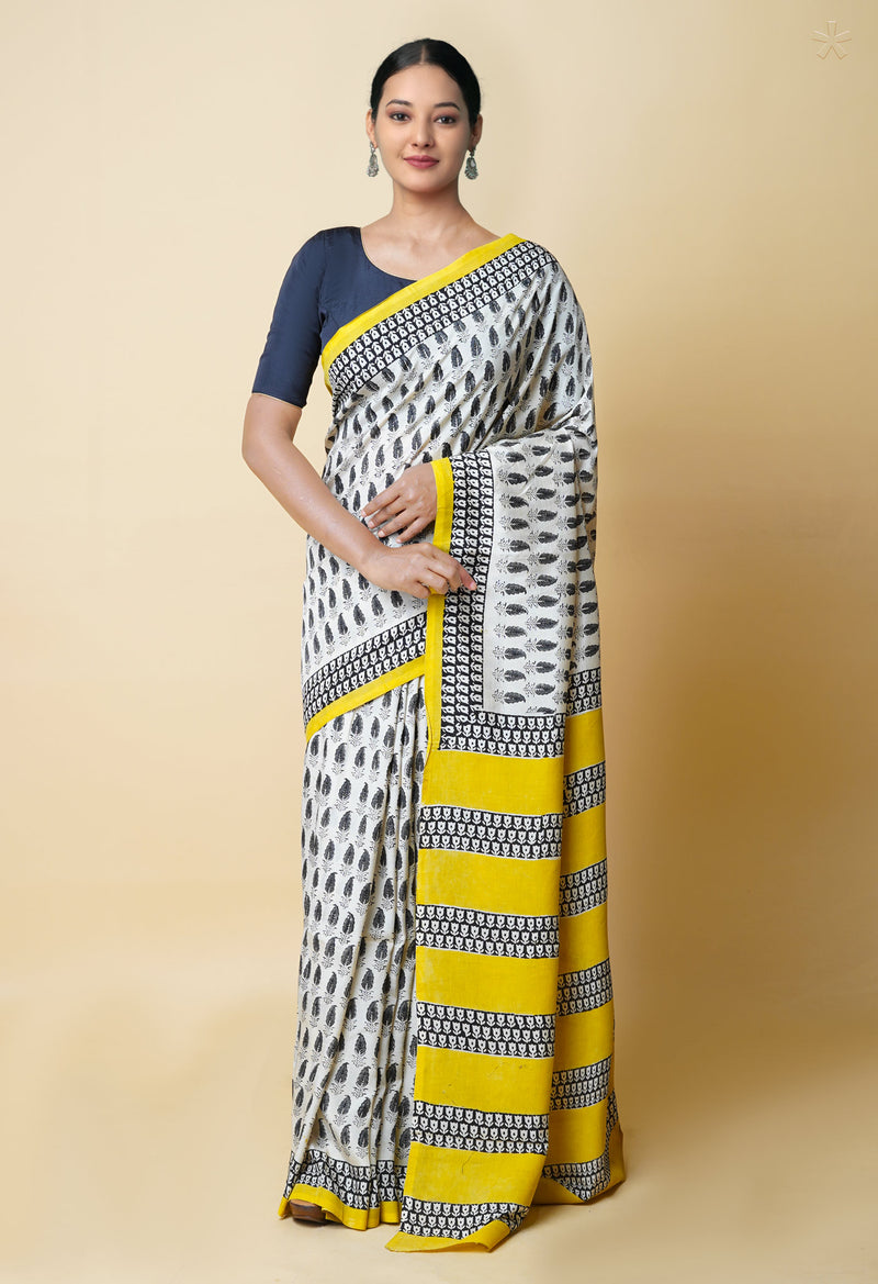 Ivory Pure  Bagru Printed Soft Silk Saree-UNM73262