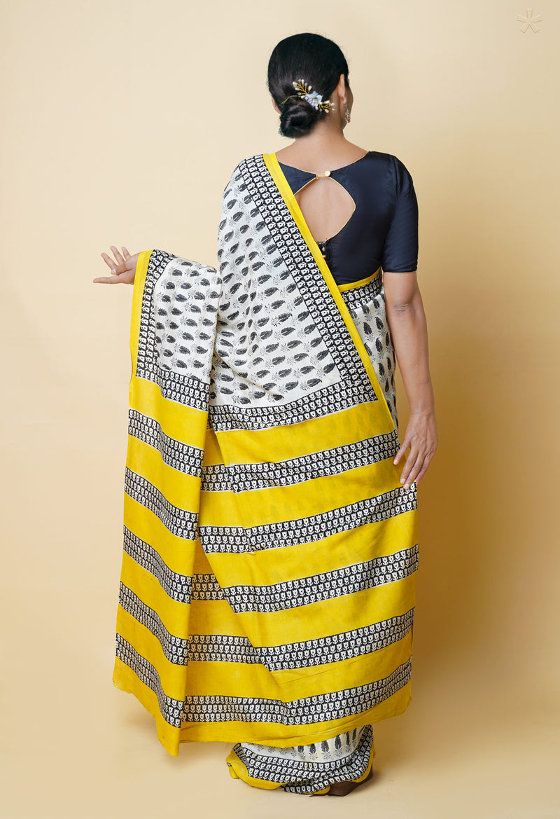 Ivory Pure  Bagru Printed Soft Silk Saree-UNM73262