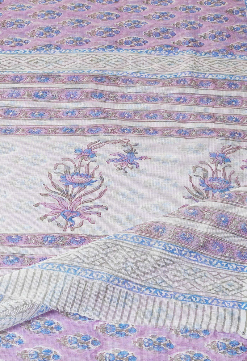Purple Pure  Block Printed Kota Cotton Saree With Cotton Blouse Piece-UNM73272