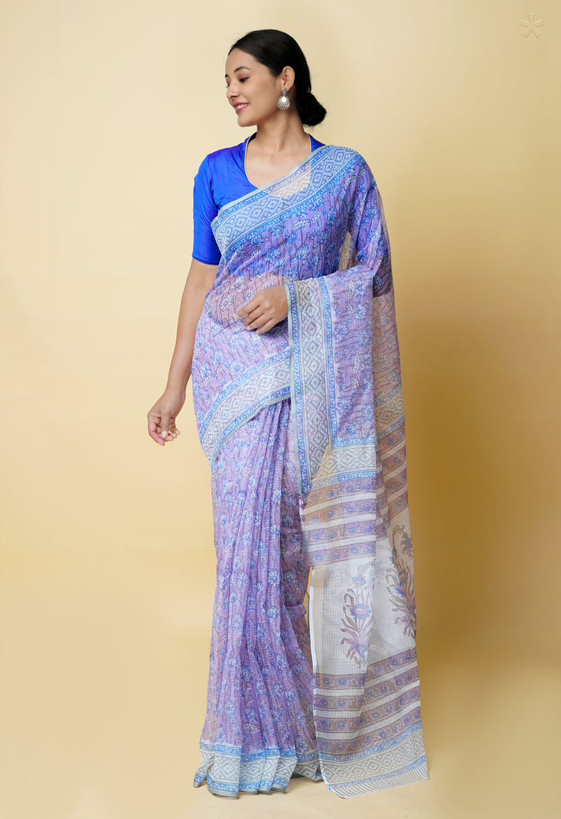 Purple Pure  Block Printed Kota Cotton Saree With Cotton Blouse Piece-UNM73273