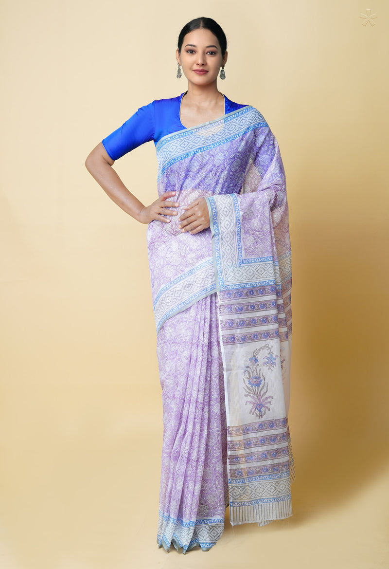 Purple Pure  Block Printed Kota Cotton Saree With Cotton Blouse Piece-UNM73274