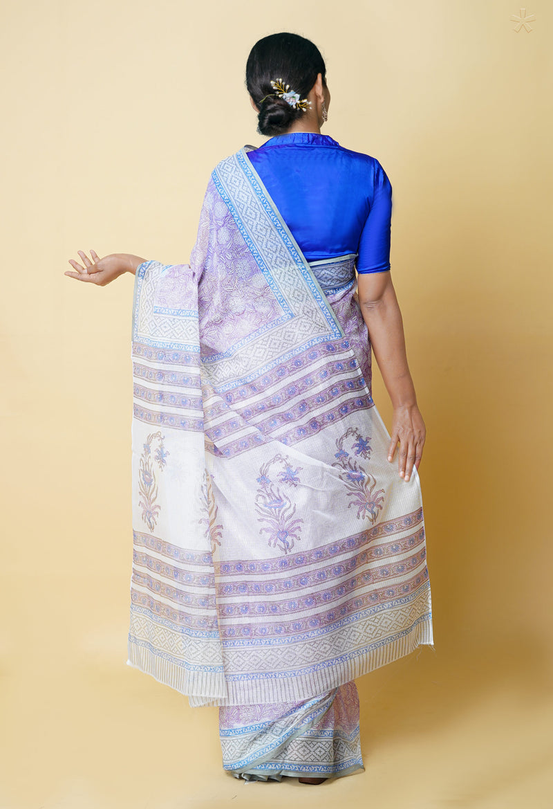 Purple Pure  Block Printed Kota Cotton Saree With Cotton Blouse Piece-UNM73274