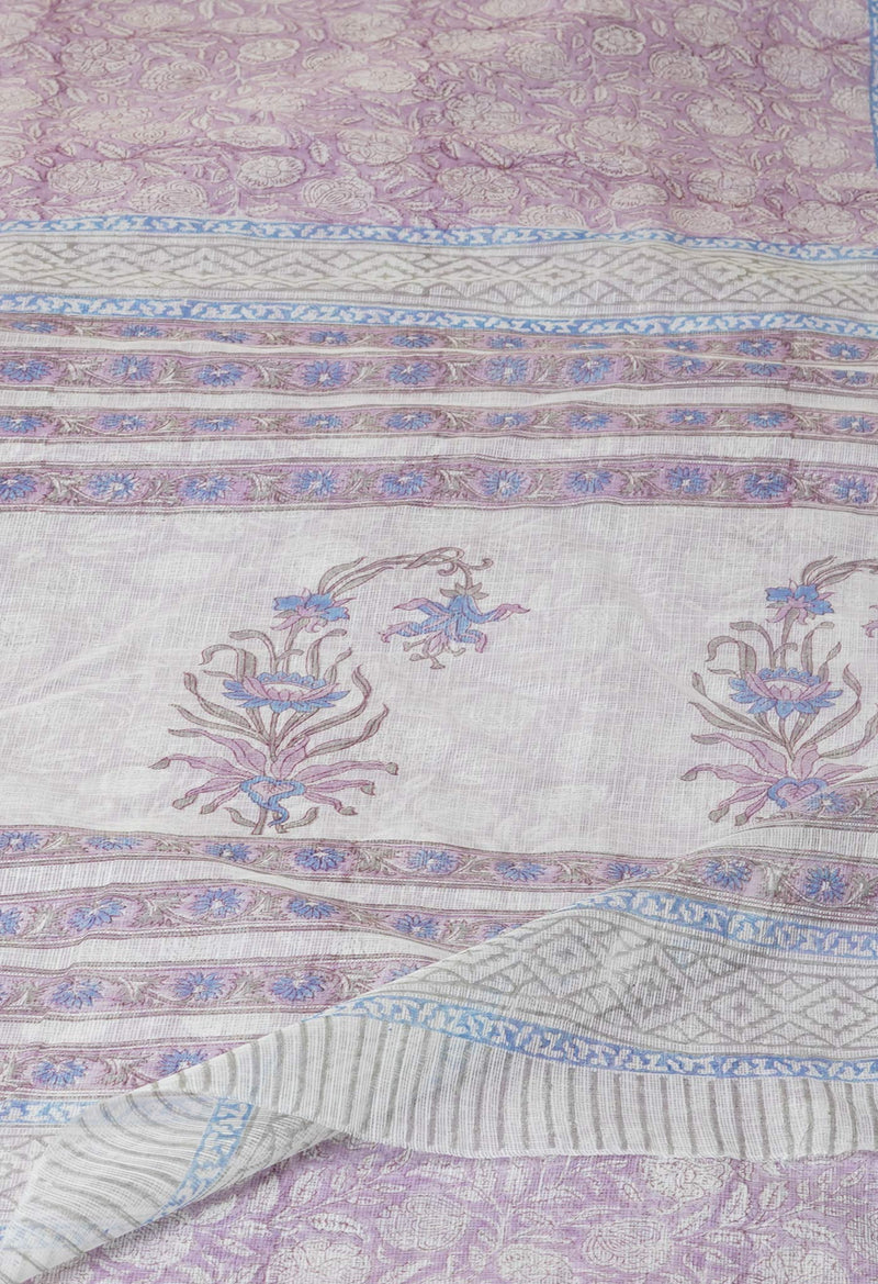 Purple Pure  Block Printed Kota Cotton Saree With Cotton Blouse Piece-UNM73274