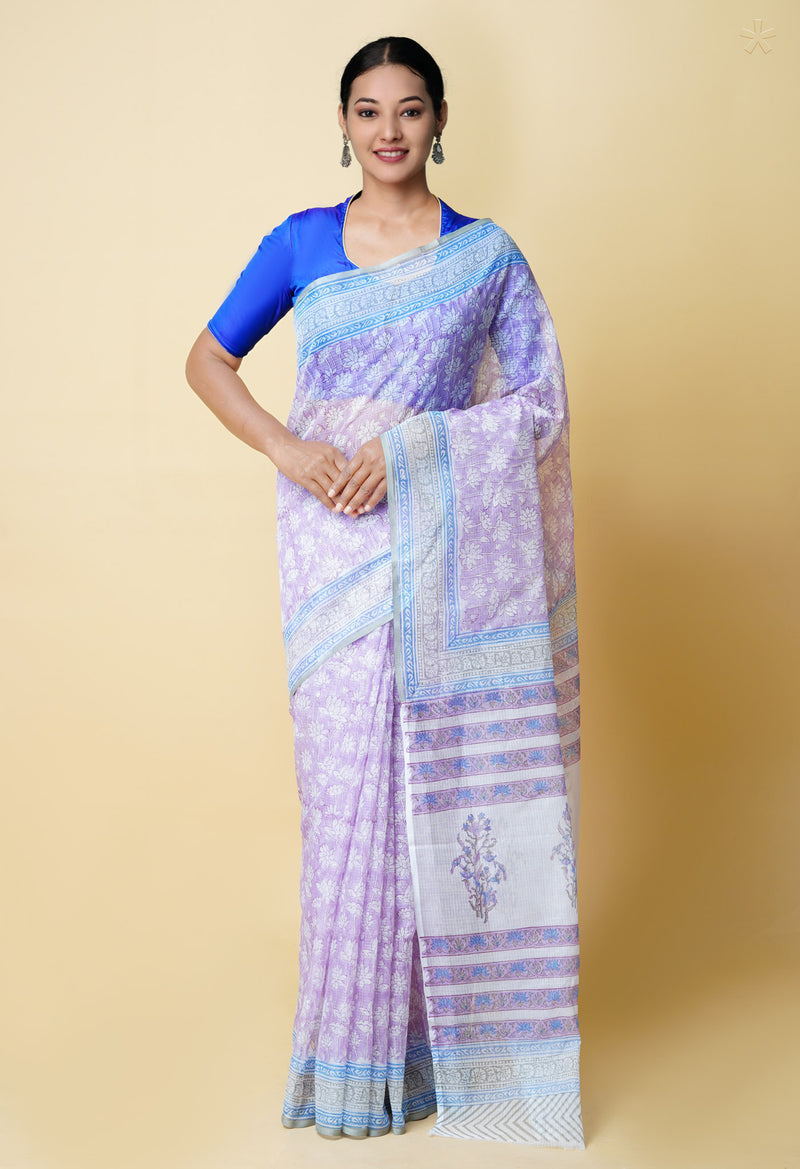 Purple Pure  Block Printed Kota Cotton Saree With Cotton Blouse Piece-UNM73275