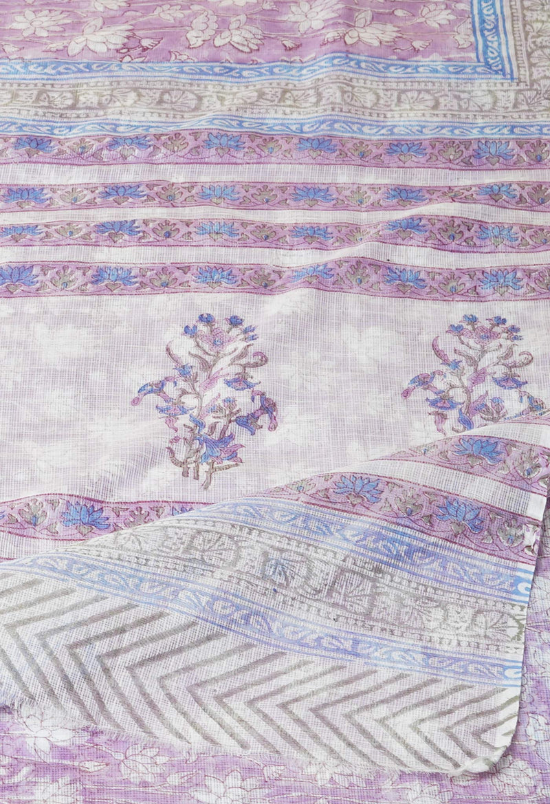 Purple Pure  Block Printed Kota Cotton Saree With Cotton Blouse Piece-UNM73275