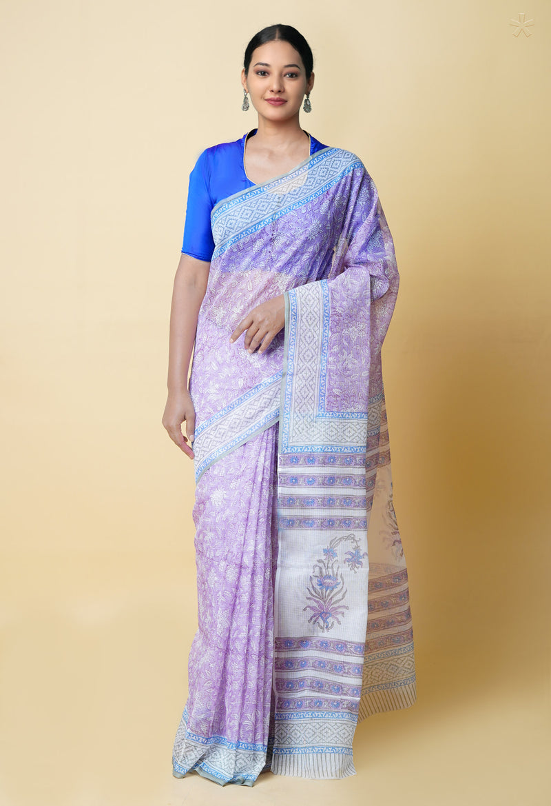 Purple Pure  Block Printed Kota Cotton Saree With Cotton Blouse Piece-UNM73277
