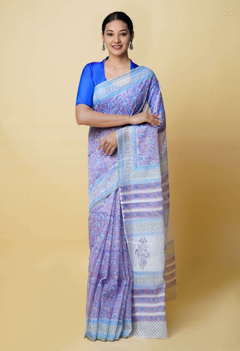 Purple Pure  Block Printed Kota Cotton Saree With Cotton Blouse Piece-UNM73284