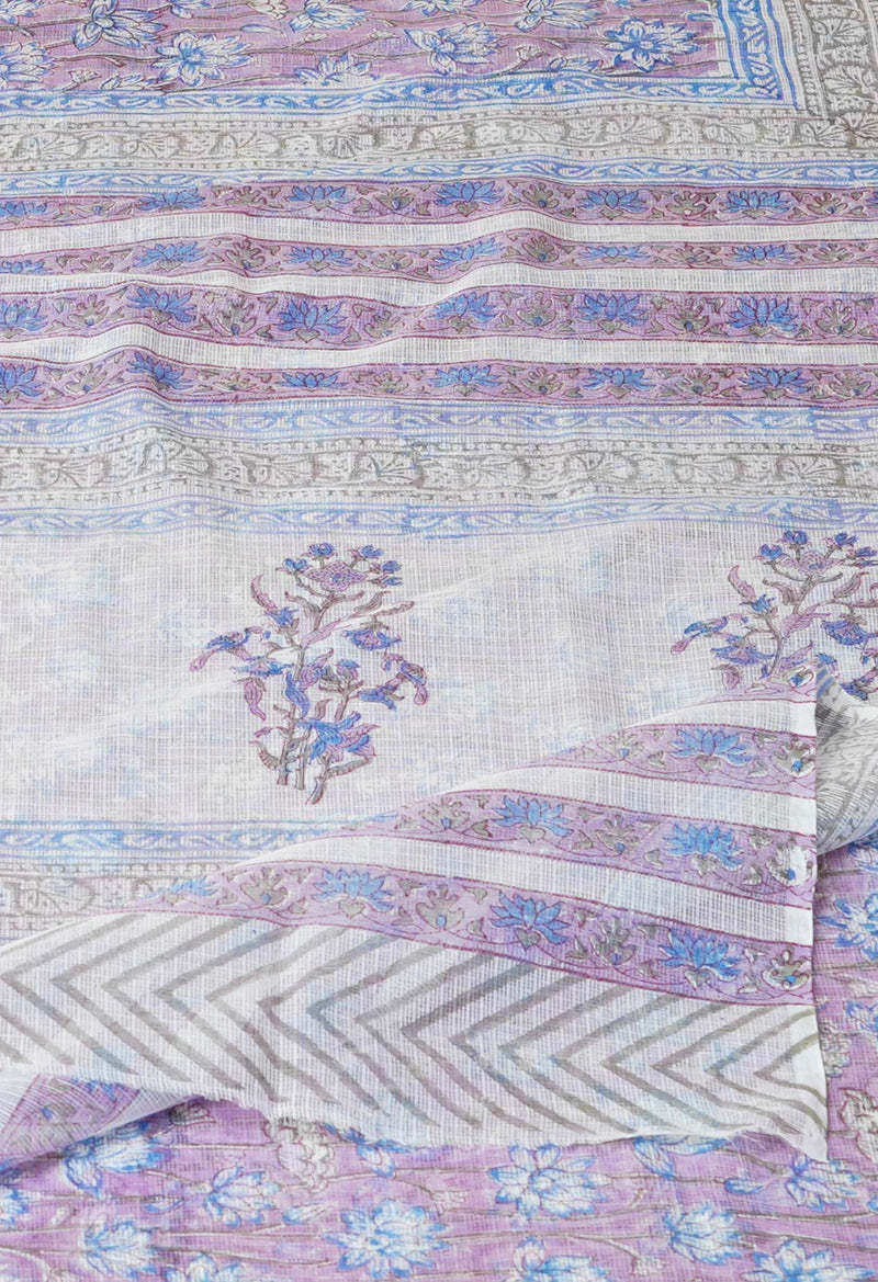 Purple Pure  Block Printed Kota Cotton Saree With Cotton Blouse Piece-UNM73284