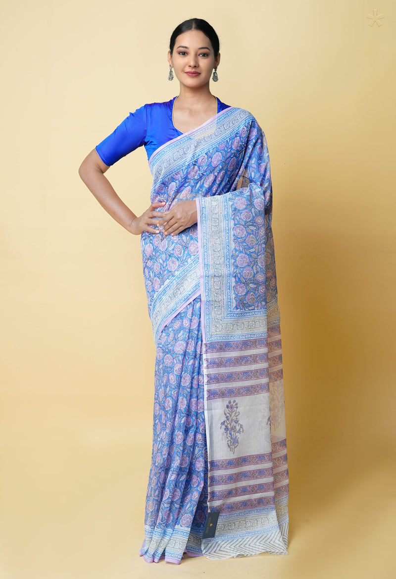 Blue Pure  Block Printed Kota Cotton Saree With Cotton Blouse Piece-UNM73287