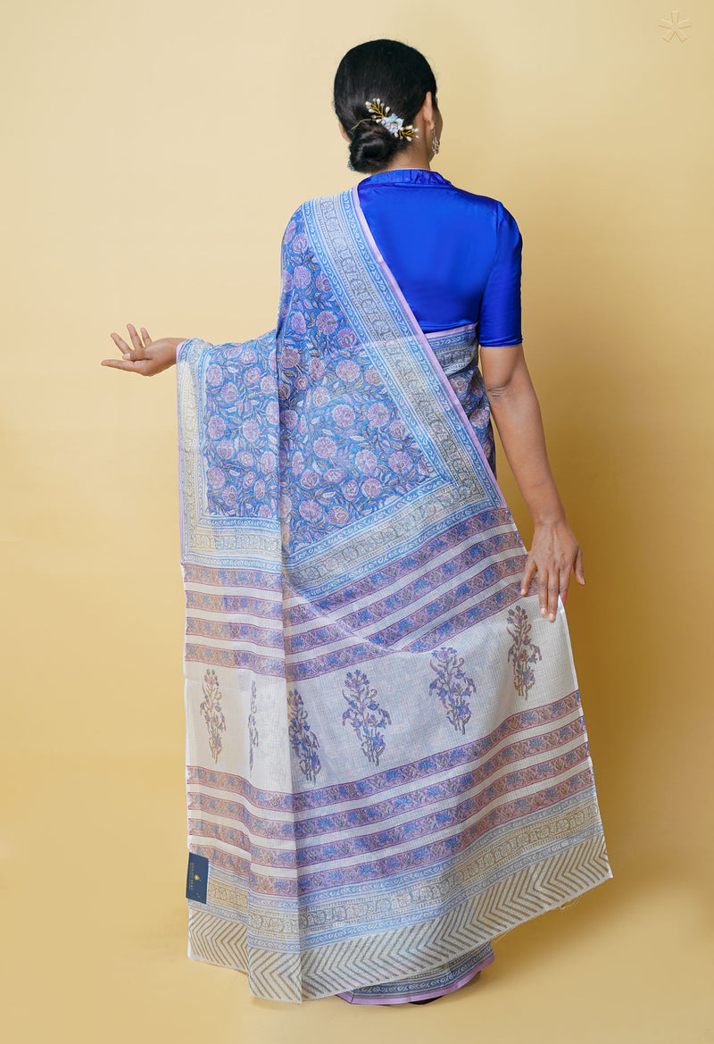 Blue Pure  Block Printed Kota Cotton Saree With Cotton Blouse Piece-UNM73287