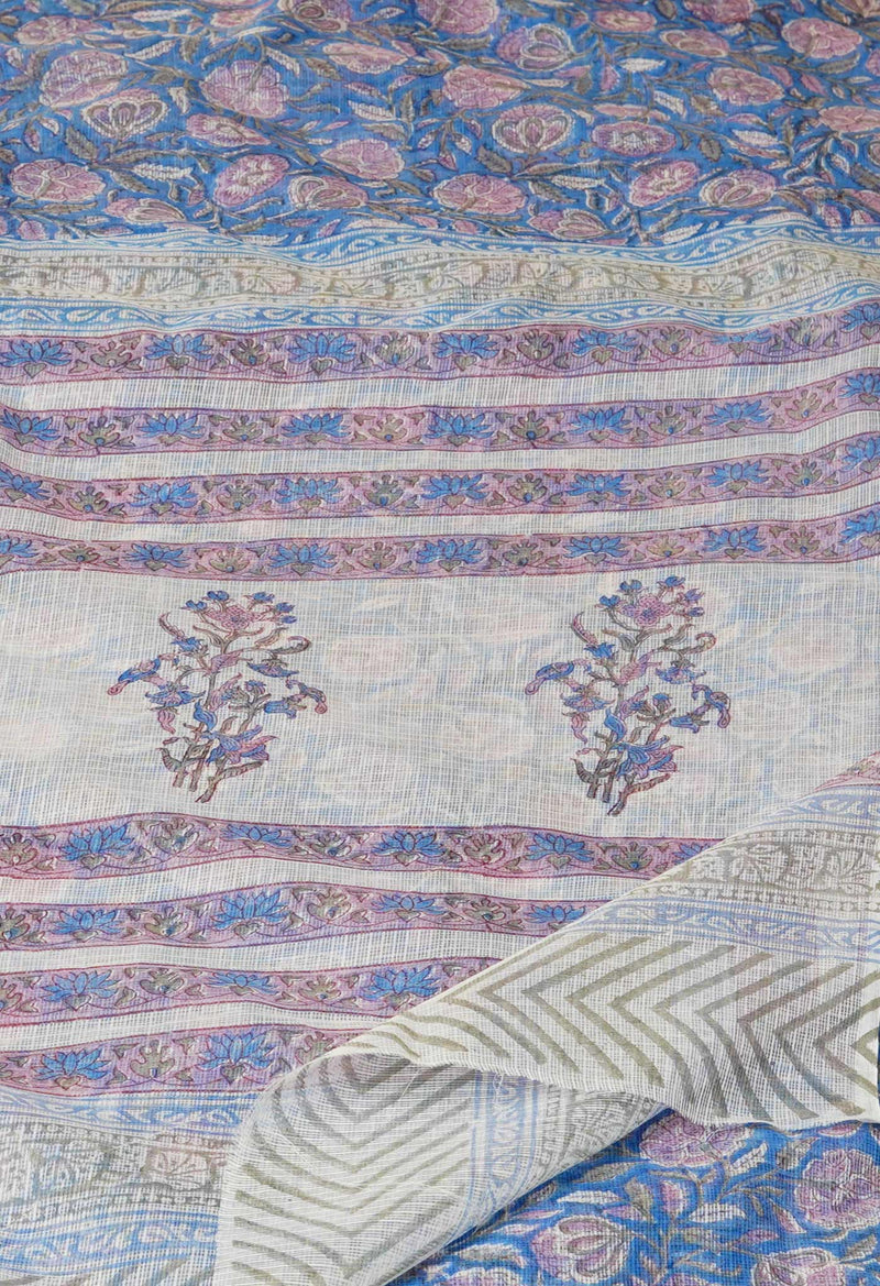 Blue Pure  Block Printed Kota Cotton Saree With Cotton Blouse Piece-UNM73287