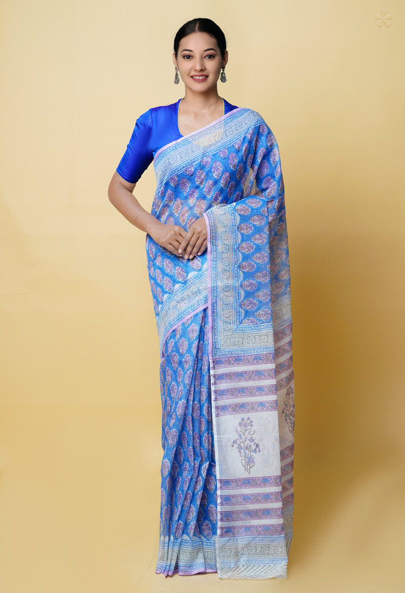 Blue Pure  Block Printed Kota Cotton Saree With Cotton Blouse Piece-UNM73290