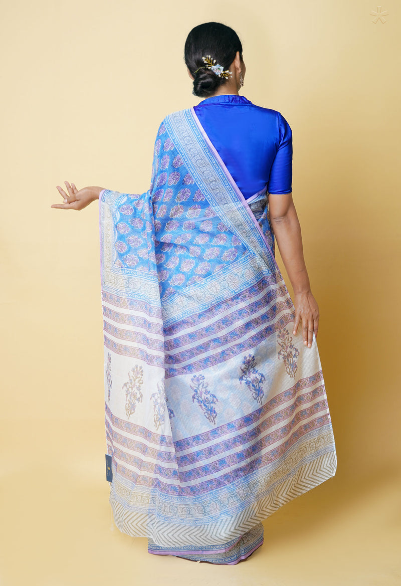 Blue Pure  Block Printed Kota Cotton Saree With Cotton Blouse Piece-UNM73290