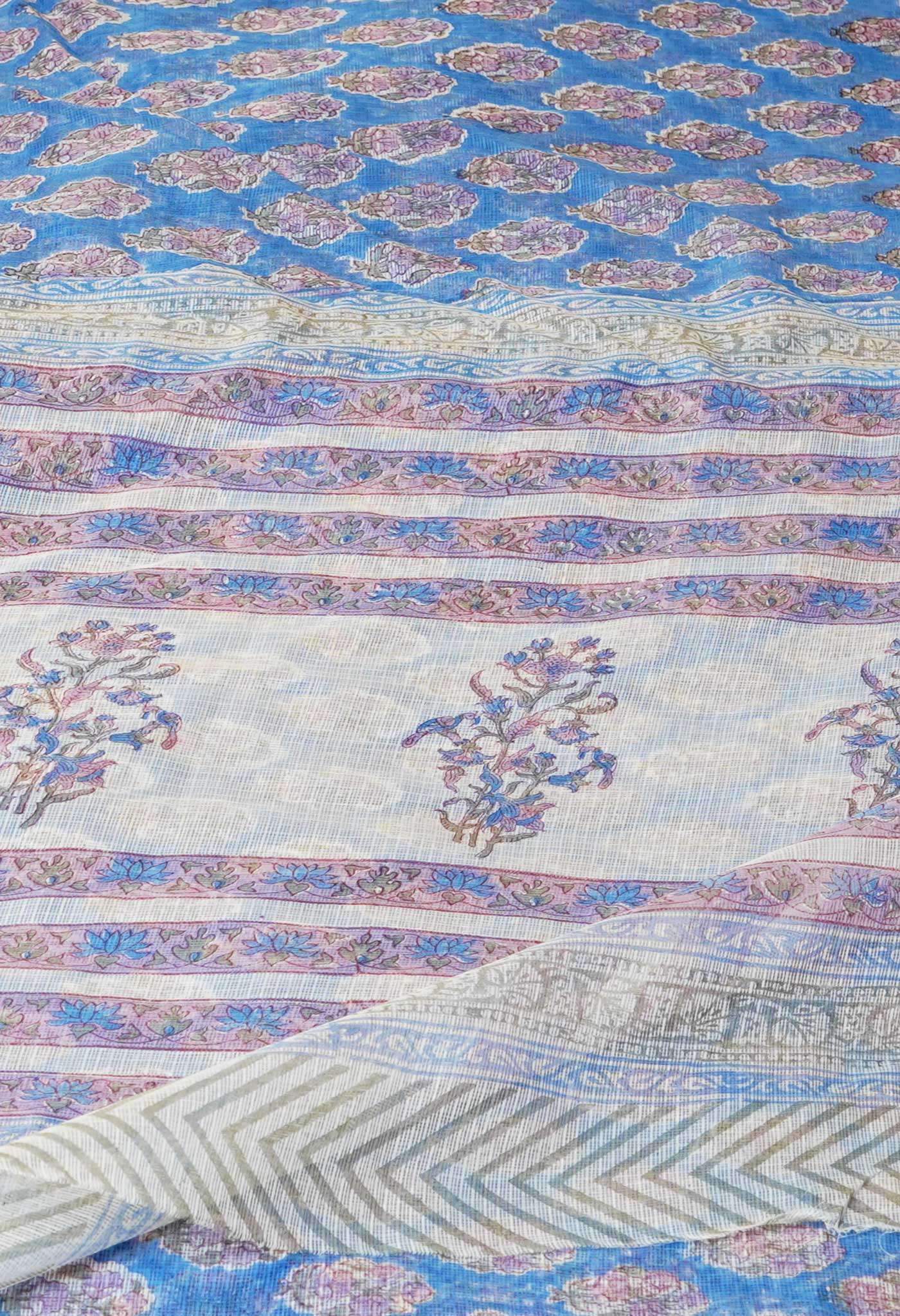 Blue Pure Block Printed Kota Cotton Saree With Cotton Blouse Piece