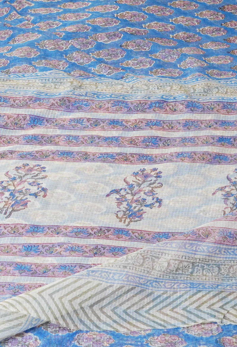Blue Pure  Block Printed Kota Cotton Saree With Cotton Blouse Piece-UNM73290