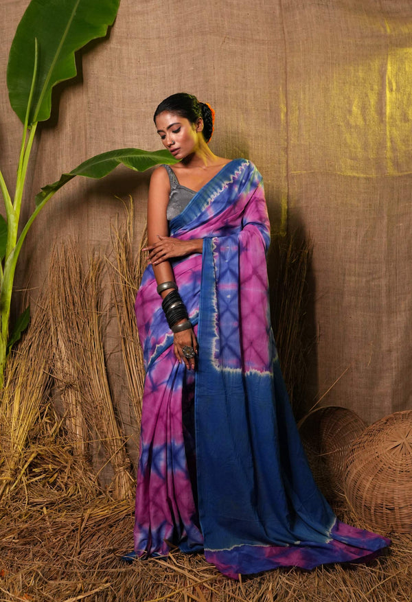 Multi Pure  Shibori Printed superfine Mulmul Cotton Saree-UNM73302
