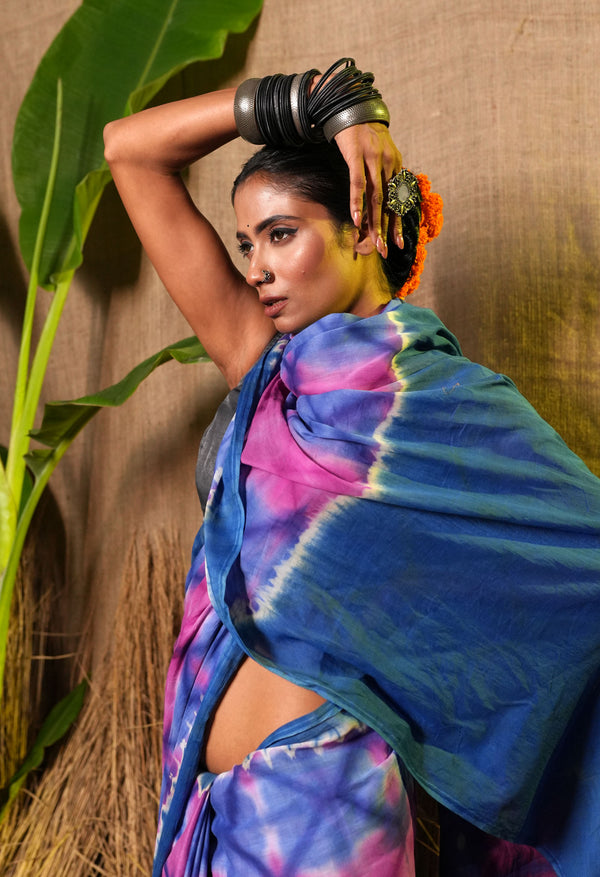 Multi Pure  Shibori Printed superfine Mulmul Cotton Saree-UNM73302