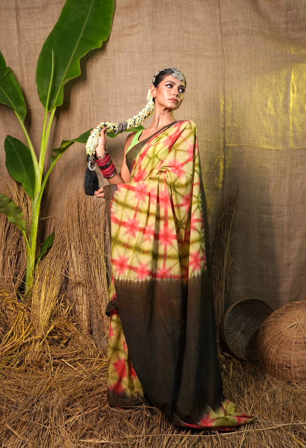 Multi Pure  Shibori Printed superfine Mulmul Cotton Saree-UNM73303