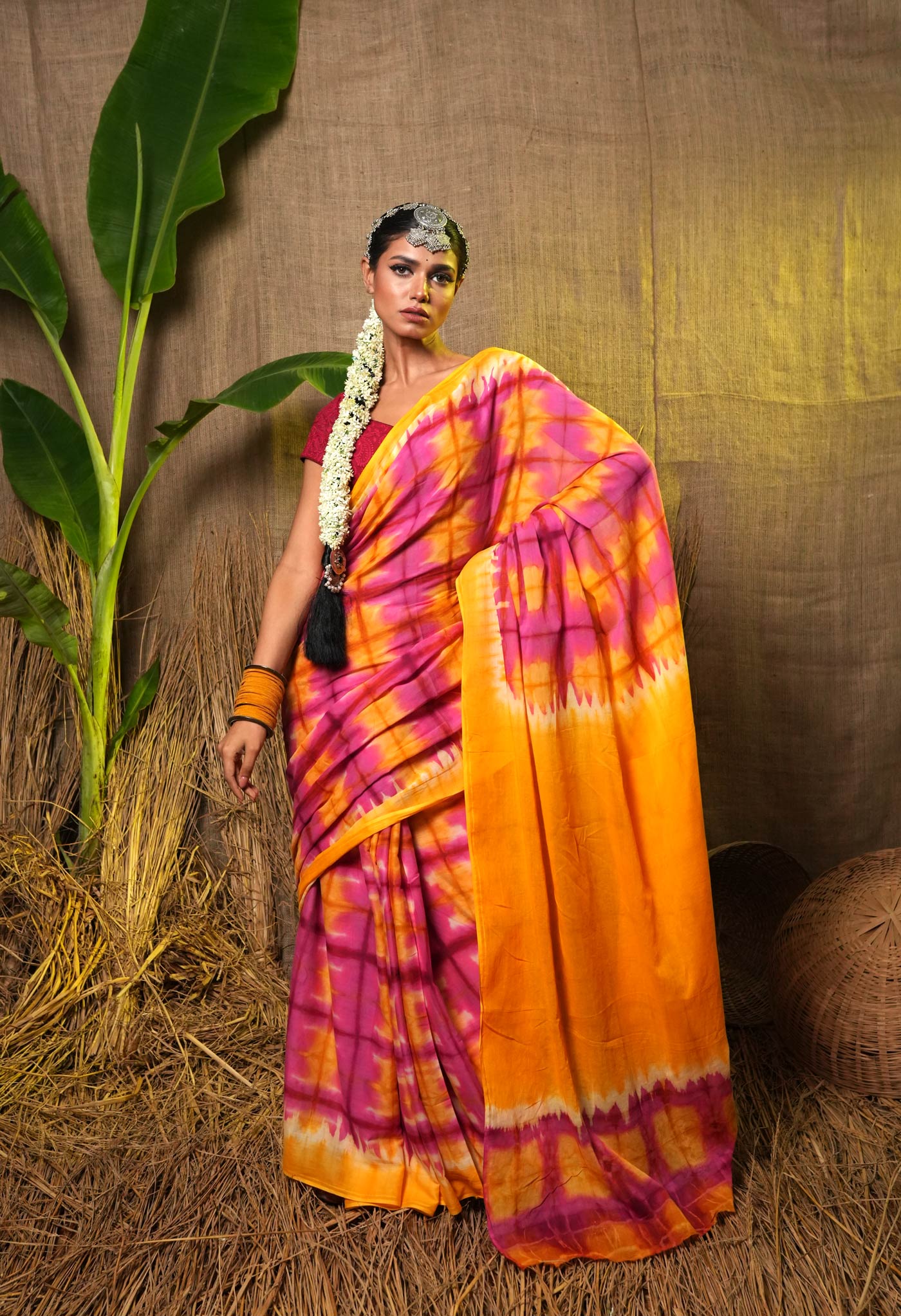 Multi Pure Shibori Printed superfine Mulmul Cotton Saree