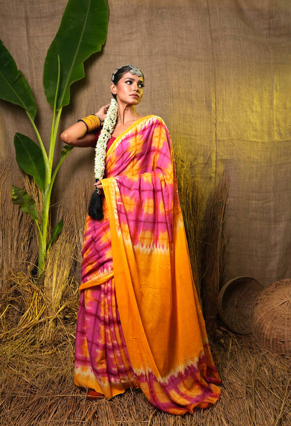 Multi Pure  Shibori Printed superfine Mulmul Cotton Saree-UNM73304