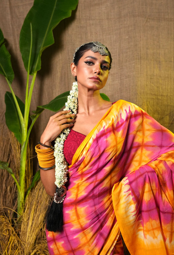 Multi Pure  Shibori Printed superfine Mulmul Cotton Saree-UNM73304
