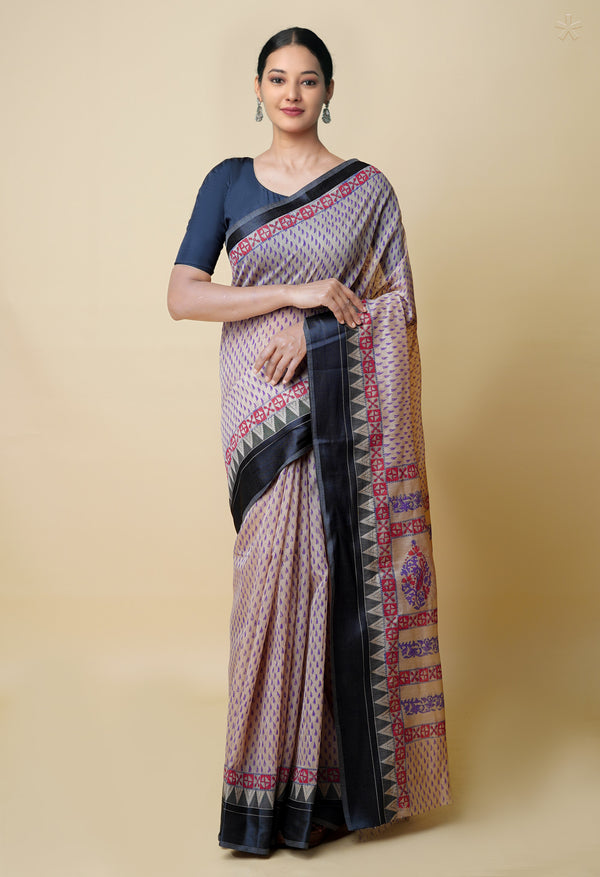 Cream Pure  Dyed Printed Chanderi Sico Saree-UNM73347