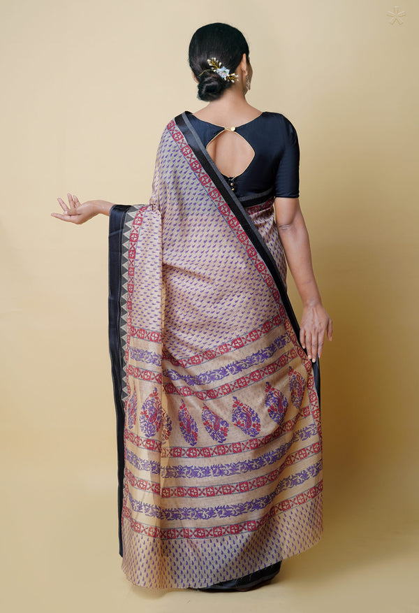 Cream Pure  Dyed Printed Chanderi Sico Saree-UNM73347
