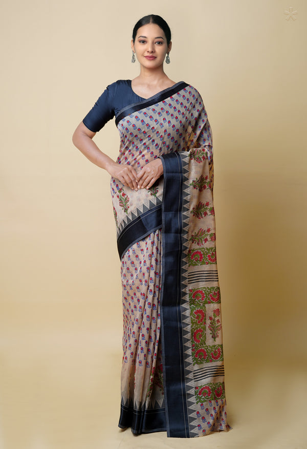 Cream Pure  Dyed Printed Chanderi Sico Saree-UNM73348