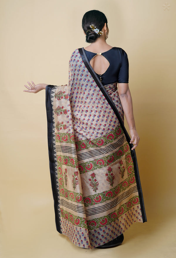 Cream Pure  Dyed Printed Chanderi Sico Saree-UNM73348