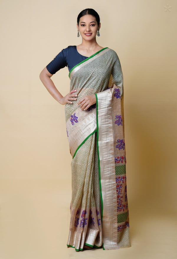 Cream Pure  Dyed Printed Chanderi Sico Saree-UNM73349